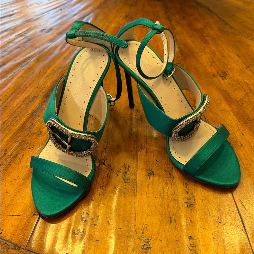 Roberto Cavalli emerald green Satin Ankle-Strap Heels with wow Crystal Buckle